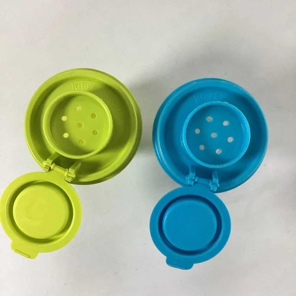 Tupperware Midget Shakers Salt Pepper Spice Storage Blue Green 4789 Vintage